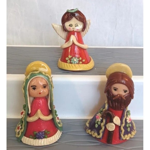 Vtg Christmas Nativity Figures Clay Painted Mary Joseph Angel Naive Folk Art Lot - Picture 1 of 12